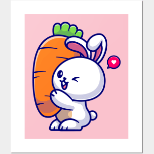 Cute Rabbit Holding Carrot Cartoon Posters and Art